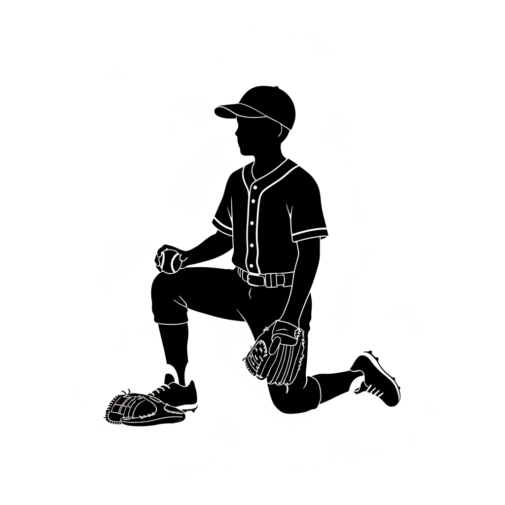 The Dugout — Kneeling on one knee, glove on the ground, ball on the other knee