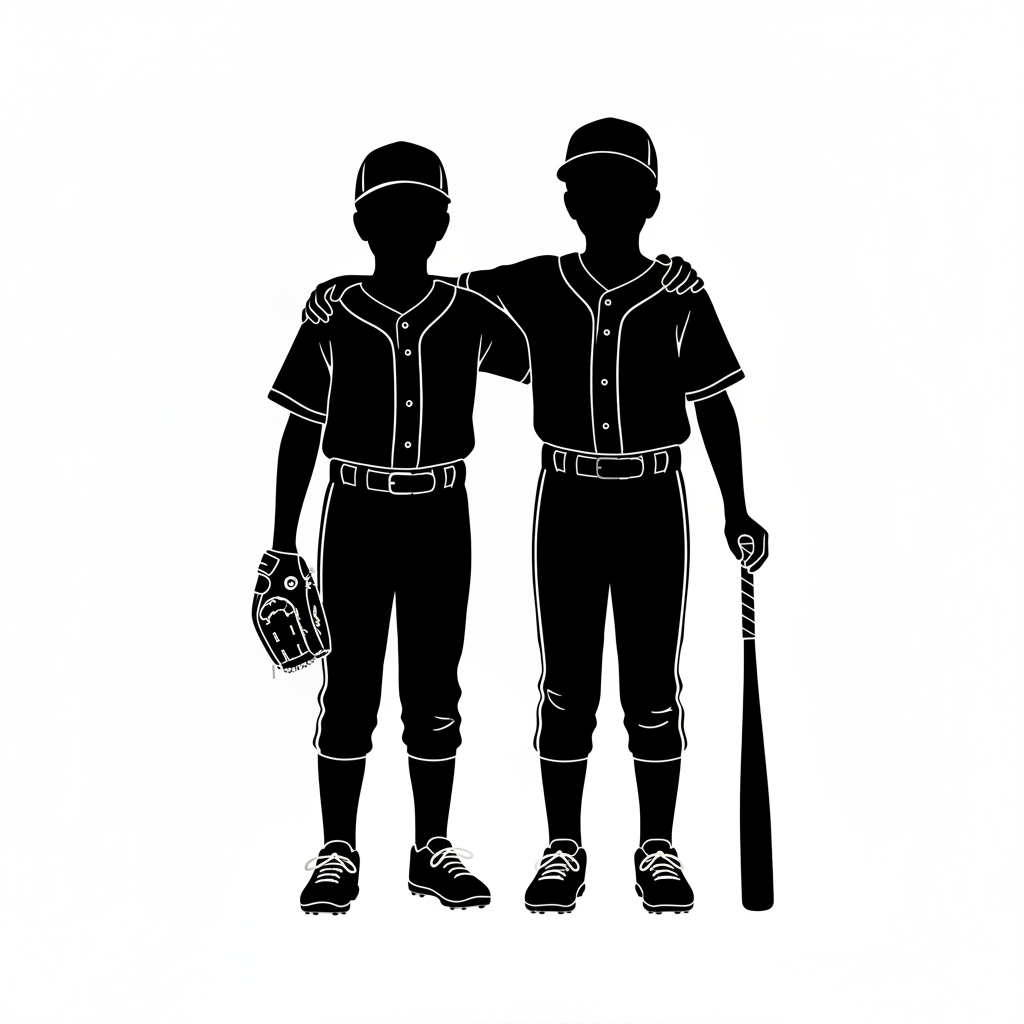 The Battery — Two players, arm around each other's shoulder, one with glove, one with bat