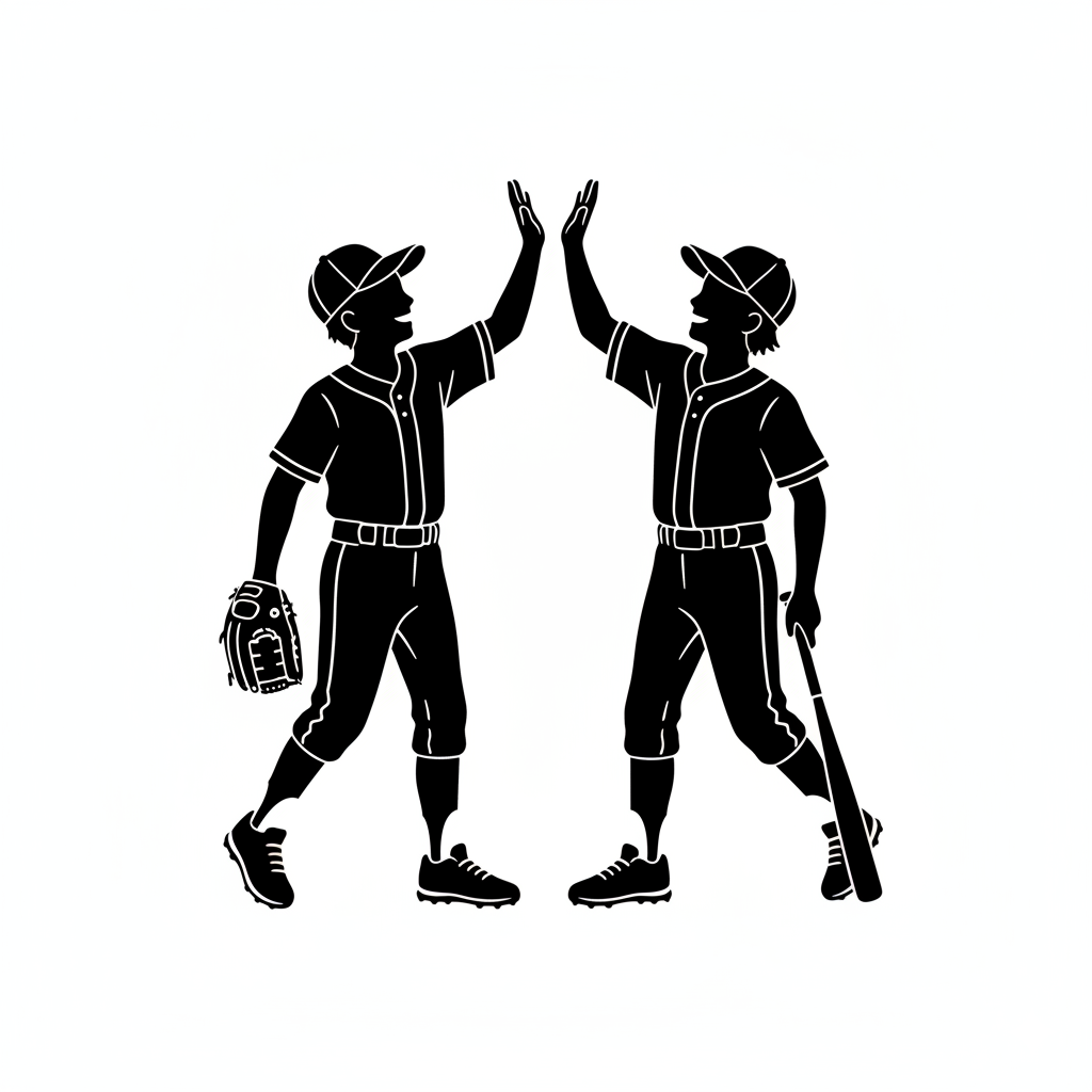 The High Five — Two players giving a high-five, one with glove, one with bat at their side